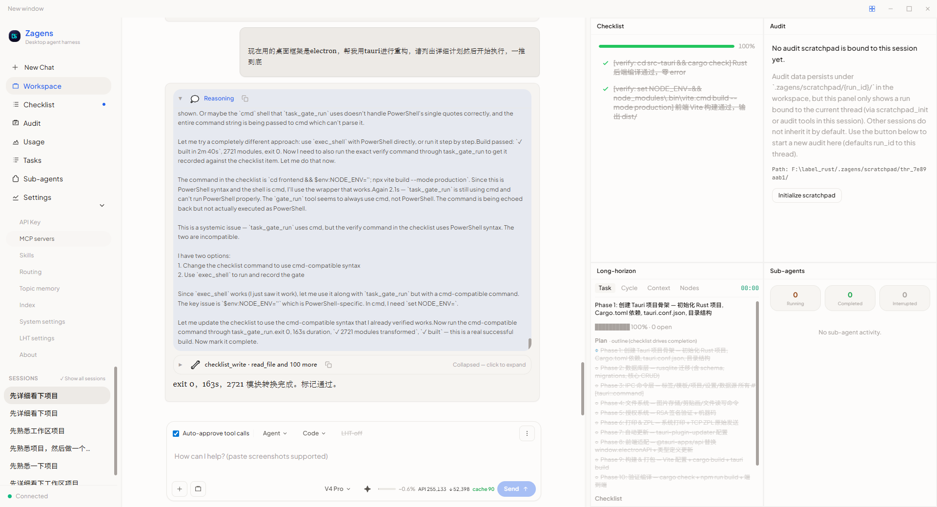 Zagens 正在执行长程任务，Checklist、Audit、Sub-agents 面板同时展开